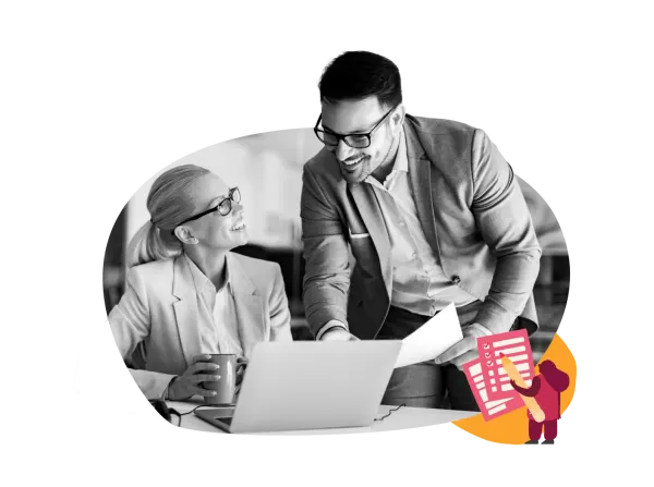 business colleagues engaging over a laptop, discussing reports, professional attire, workplace collaboration, teamwork, office interaction