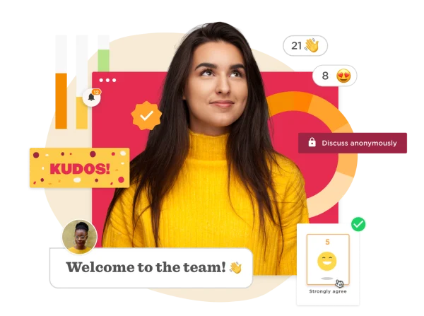 yellow-sweater-woman-with-kudos-and-feedback-icons, team-welcome-notification-with-gauges-and-emojis