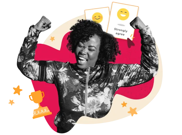 celebrating victory with raised fists, wearing floral athletic wear, surrounded by cheerful icons and trophy design, happy athlete expressing strong emotions with vibrant background elements