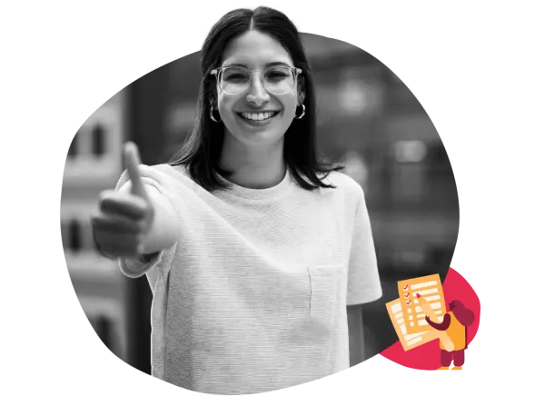 smiling woman giving a thumbs up in a casual shirt, surrounded by abstract shapes and illustrated checklist, positive attitude and achievement