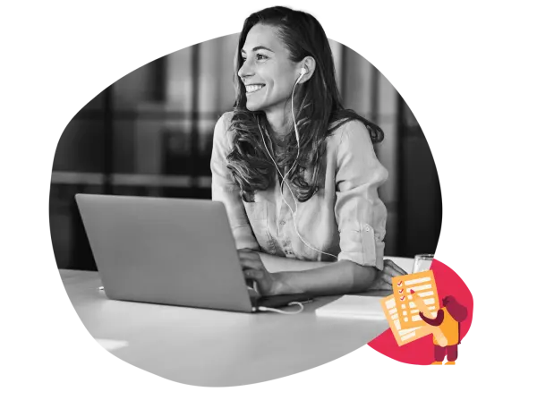 working woman smiling at laptop with earphones, modern workspace with notes and vibrant illustrations in the background