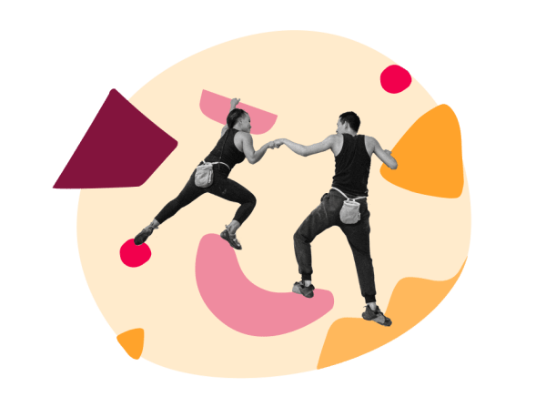 climbers leaping with excitement on a colorful abstract backdrop, dynamic climbing pose showcasing teamwork and athleticism