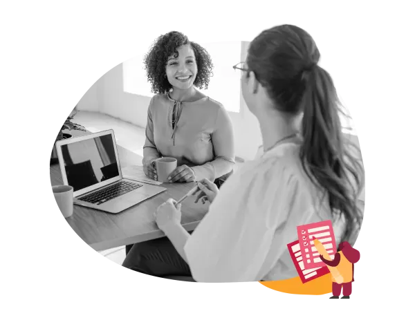 business meeting, women collaborating with laptop and cups in a bright office setting