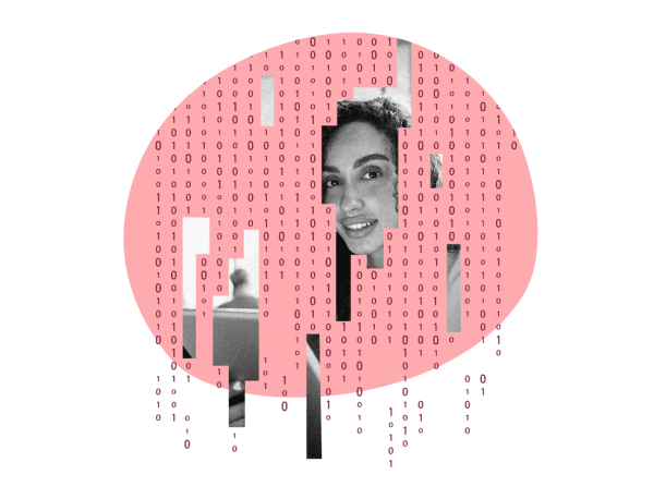 digital portrait with binary code overlay on pink background, showcasing a woman's face and blurred figures, abstract tech art representation with coded elements and human features