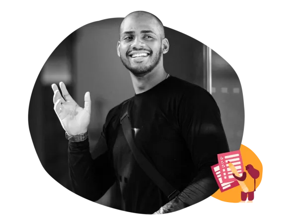 smiling man in black shirt waving with a colorful graphic of a checklist in the background, friendly gesture in modern setting