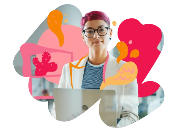 professional person with pink hair and glasses holding a laptop, surrounded by colorful abstract shapes, creative workspace with vibrant illustrations