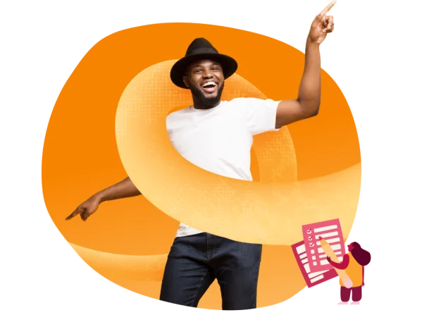 happy man pointing up, orange background with playful illustrations
