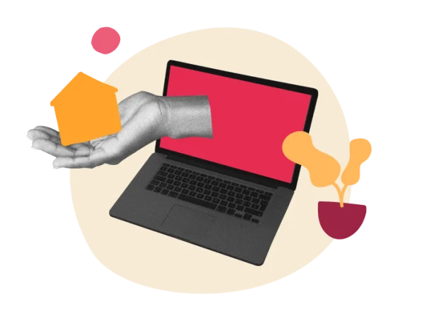 hand holding house model, laptop with colorful background and potted plants representing digital real estate concept