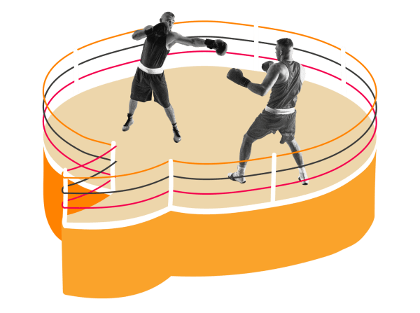 boxing ring, two fighters throwing punches