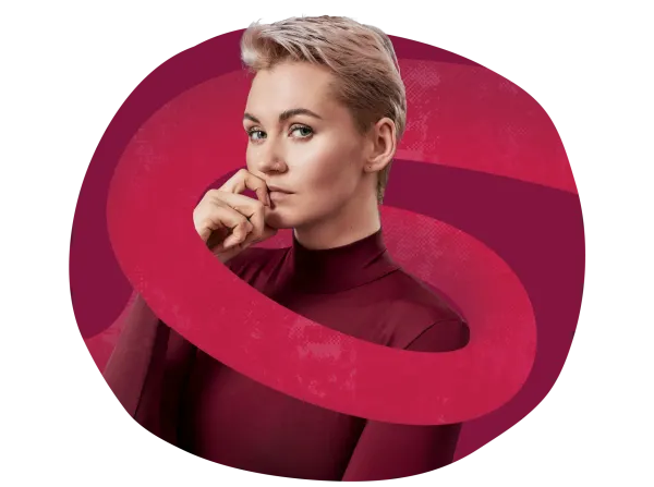 stylish person in maroon turtleneck, posing thoughtfully with finger on chin, against vibrant abstract background, thoughtful expression with short blonde hair and nose ring, highlighting modern fashion and creativity