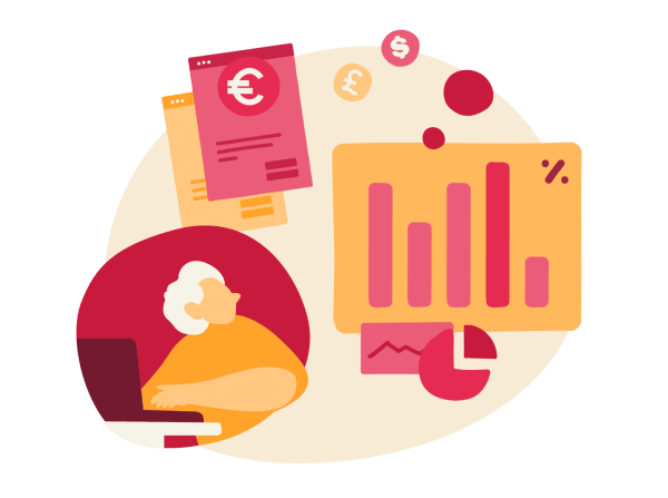 woman working on laptop, charts and financial documents illustrating data analysis