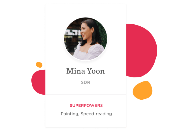 Mina Yoon profile card featuring photo, title SDR, and superpowers: Painting, Speed-reading. Colorful abstract shapes., Mina Yoon profile with painting and speed-reading skills highlighted in vibrant design.