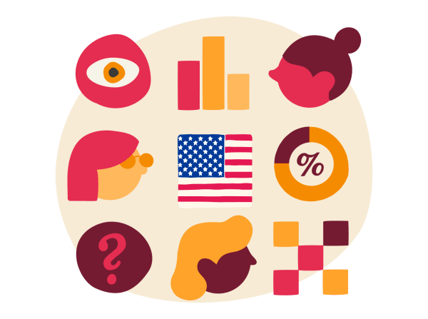 illustrative icons representing data analysis, U.S. flag, gender diversity, and questioning in a light-colored background, data visualization, diversity, and inquiry represented through stylized graphic elements