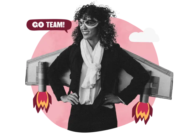 woman in business attire with rocket wings, encouraging teamwork with 