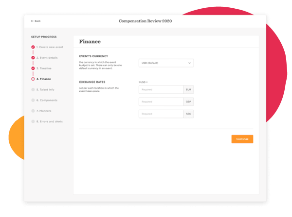 finance setup page, currency selection and exchange rates for event budgeting