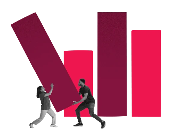 people collaborating, colorful bar graph background