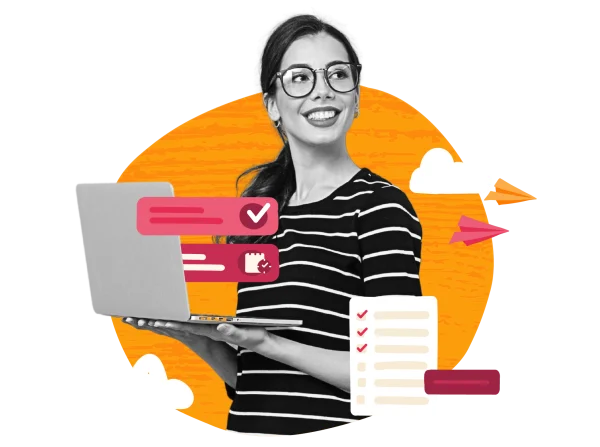 digital workspace, woman with laptop and checklists in a colorful illustrated background