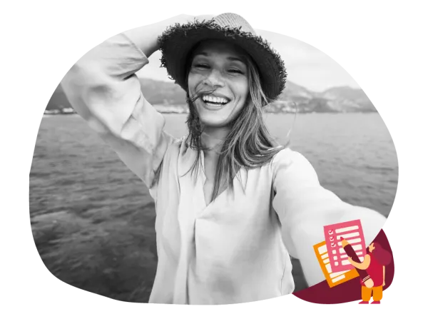 happy woman in a straw hat smiling by the water, capturing a selfie, smiling woman with scenic background enjoying nature