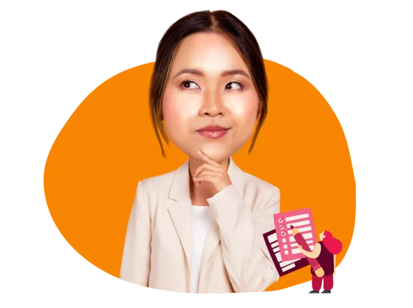 professional woman pondering, illustrative checklist in vibrant orange background