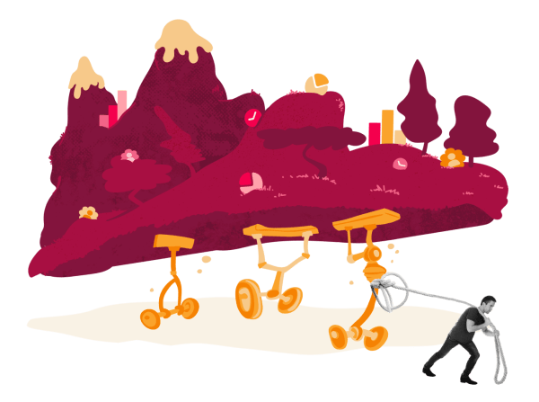 whimsical landscape with colorful hills, playful carts, and a person pulling a rope in a vibrant, artistic illustration, cartoon-like scenery with abstract mountains, cheerful colors, and a person engaging with imaginative objects