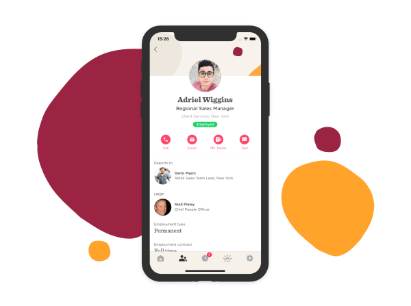 employee profile screen with contact options and colorful design elements, showing job title, location, and reporting structure