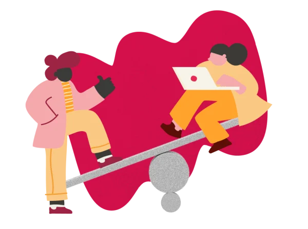 person balancing on seesaw, individual with laptop and thumbs up in vibrant, playful illustration