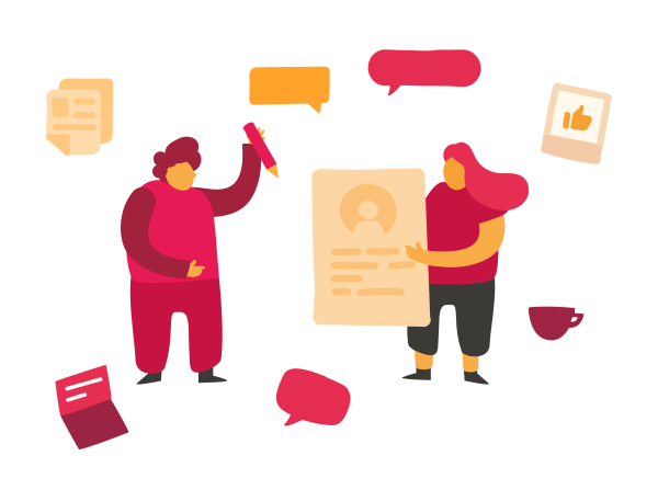 collaborative discussion with two characters reviewing a document, surrounded by icons and speech bubbles, colorful illustration of teamwork and communication