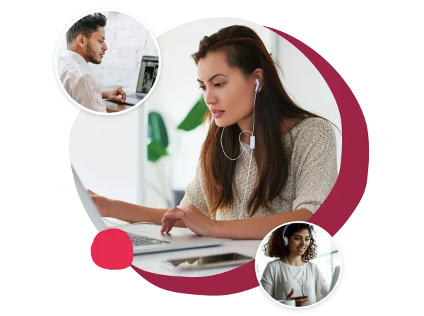 woman with earphones focused on laptop, men and women engaged in remote work and online collaboration