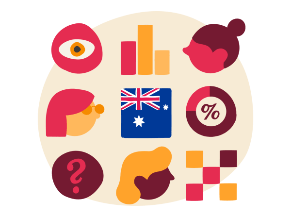 data visualization, Australian flag with abstract icons representing research, statistics, and inquiry