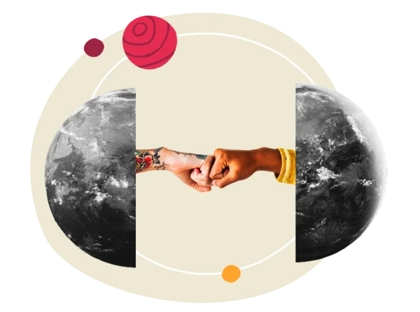 hands punching fists, earth and planets symbolizing unity and collaboration