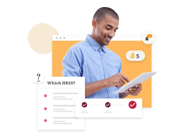man using a tablet for HRIS research with a checklist and notifications displayed, HRIS interface with user engagement elements