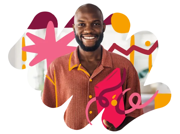 man holding pink artwork, colorful abstract background elements and smiling in a casual shirt