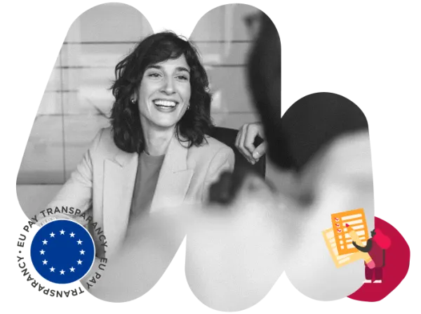 happy woman in blazer smiling, EU transparency symbol and document illustration