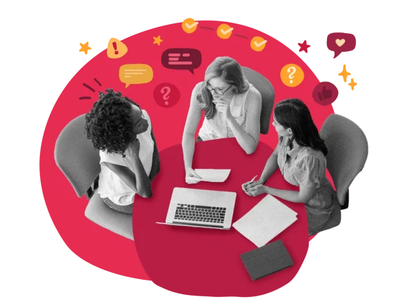 three women collaborating at a table with a laptop and papers, discussing with colorful speech bubbles around them, diverse team engaged in creative brainstorming session