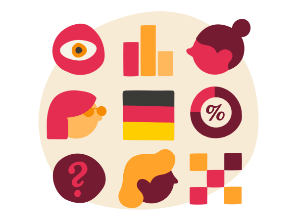 icons of analysis, questions, and data, featuring German flag, graphs, and diverse faces, colorful digital symbols showcasing thoughts and statistics
