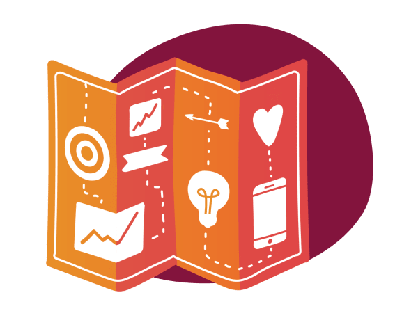 infographic style map, business strategy icons including graphs, heart, light bulb, smartphone on colorful backdrop