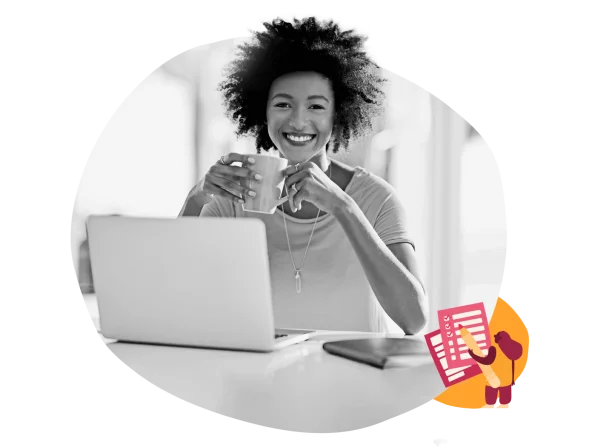 happy woman with curly hair drinking coffee in front of laptop, smiling while working on tasks with checklist items