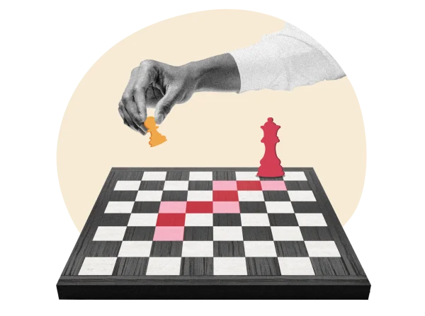 chess game hand moving orange pawn, red king on chessboard with highlighted squares, strategic gameplay concept