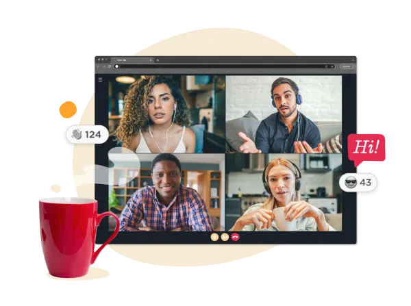 video conference with four participants, coffee cup, engagement metrics, chat bubbles, modern interface, virtual meeting, online interaction, remote teamwork