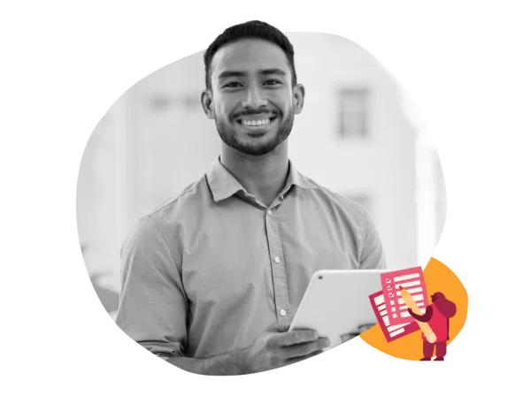 man smiling holding tablet, graphic elements depicting checklists and a character related to productivity