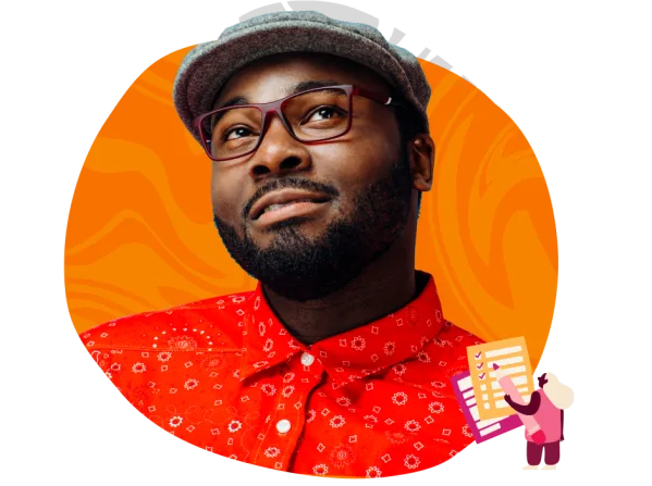 man in bright red patterned shirt with glasses, smiling against an orange background, creative illustration and checklist in foreground