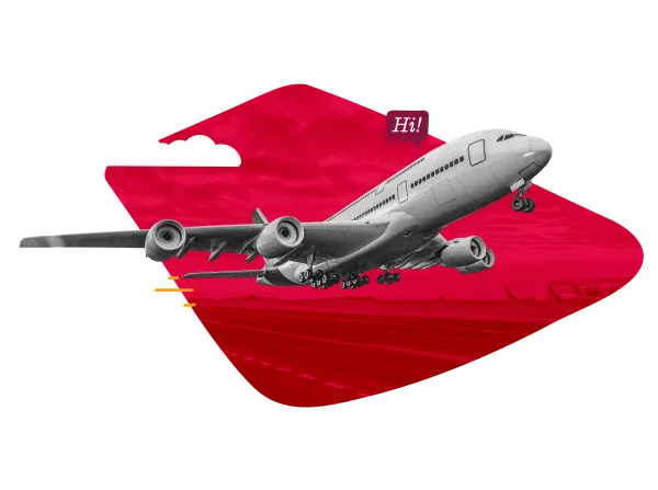 airplane taking off with clouds and red background, greeting text 