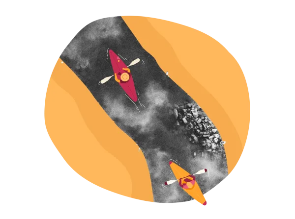 kayakers on a winding river, vibrant red and yellow kayaks, surrounded by orange shoreline and rocky terrain, river kayaking illustration with vivid colors and dynamic movement