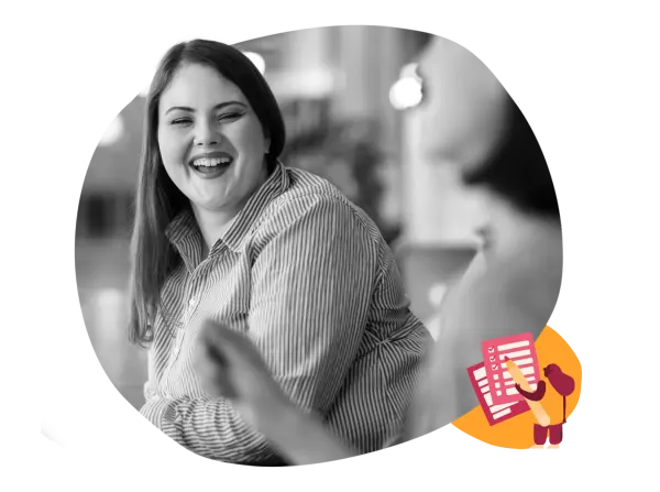 happy woman laughing in a striped shirt, engaged in conversation with another person, lively atmosphere, smiling woman in social setting with documents and pen illustration