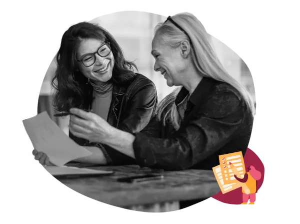 two women engaged in a friendly discussion while reviewing documents at a table, black and white image with playful illustration elements