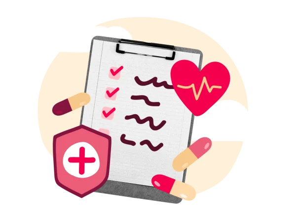 health checklist, medical icons with pills and heart, emphasizing health management and wellness tracking