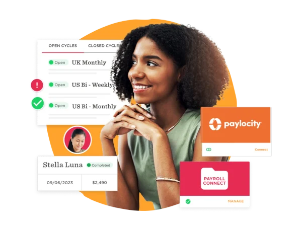payroll management, professional woman smiling with digital dashboard displaying payroll cycles and updates