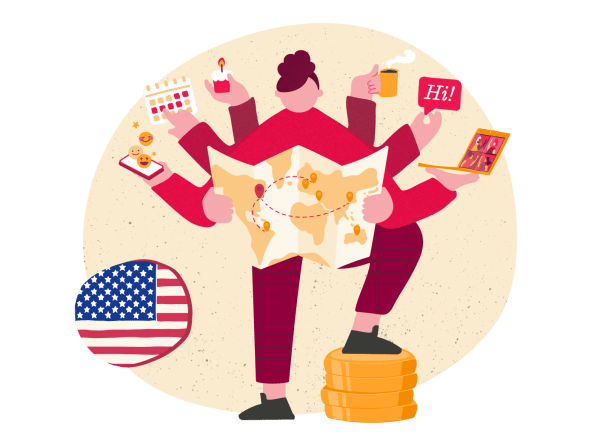 traveler holding a map with multiple arms holding coffee, calendar, laptop, and phone, featuring an American flag, multitasking traveler exploring a map and balancing tasks with money coins
