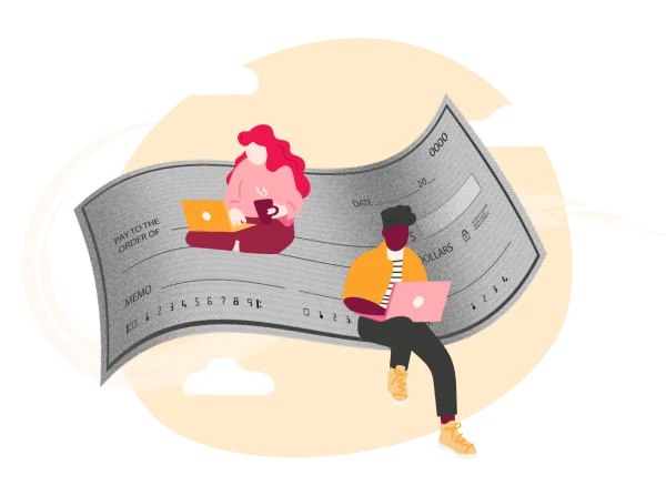 payment check illustration with remote workers on laptops, digital finance and remote collaboration concept