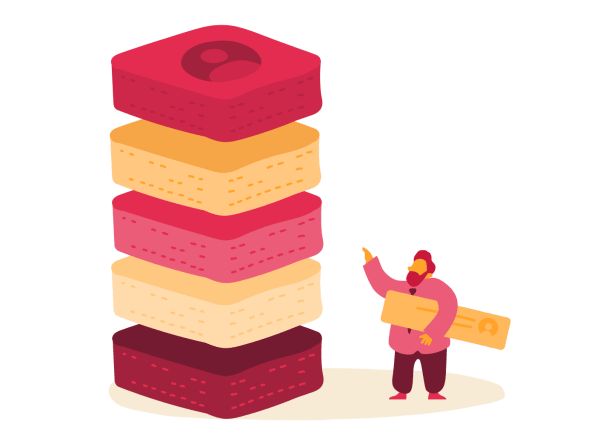 stacked colored blocks, man gesturing while holding a sign